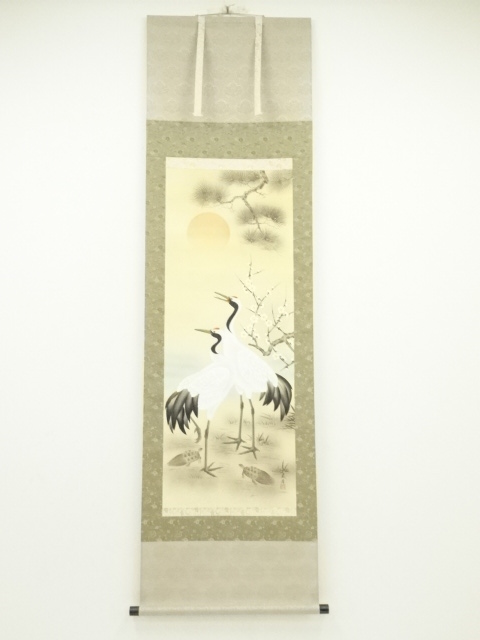 JAPANESE HANGING SCROLL / HAND PAINTED / SHOCHIKUBAI & CRANES TURTLES